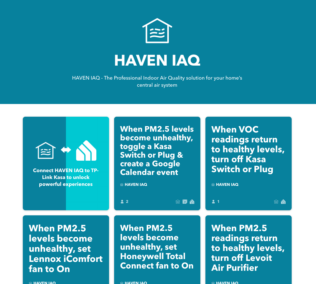 Screenshot of the HAVEN IAQ Services page on IFTTT.com