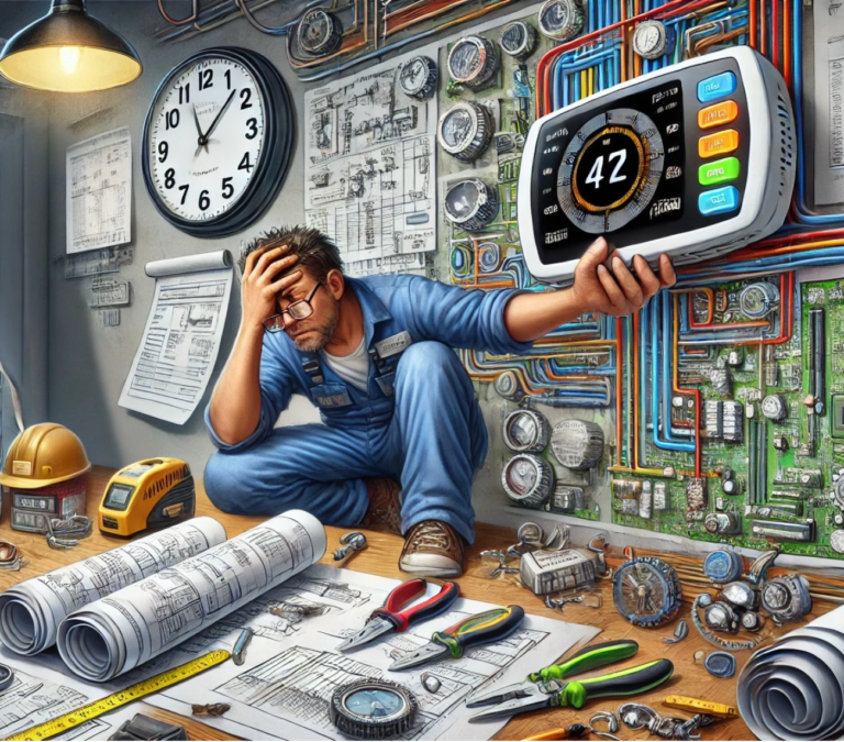 DALL·E 2024-09-19 13.53.18 - A detailed horizontal image illustrating the challenges in controlling Indoor Air Quality (IAQ) in the HVAC industry. The scene features a tired techn 2